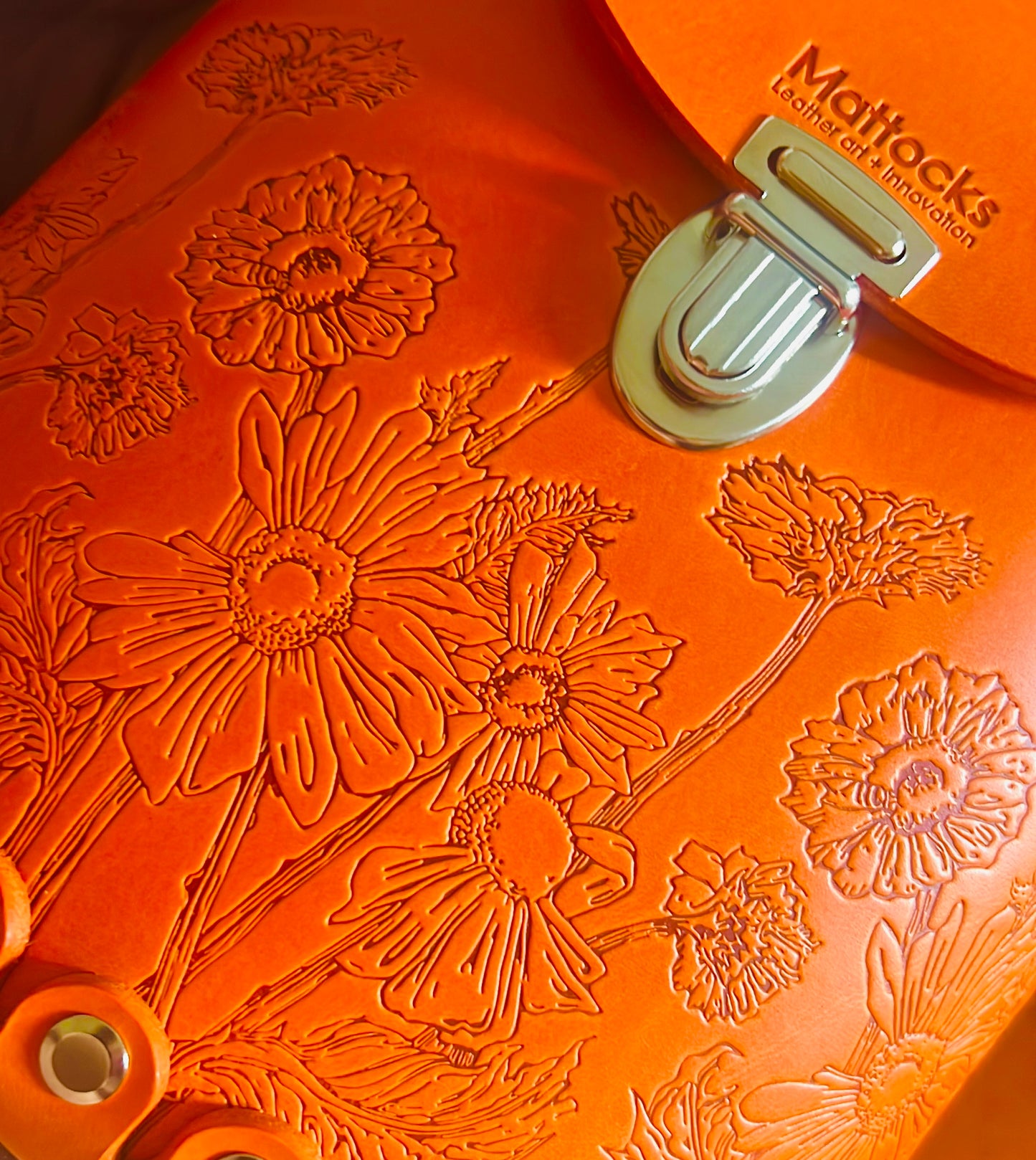 Orange leather bucket bag with “Wild Woods” original artwork